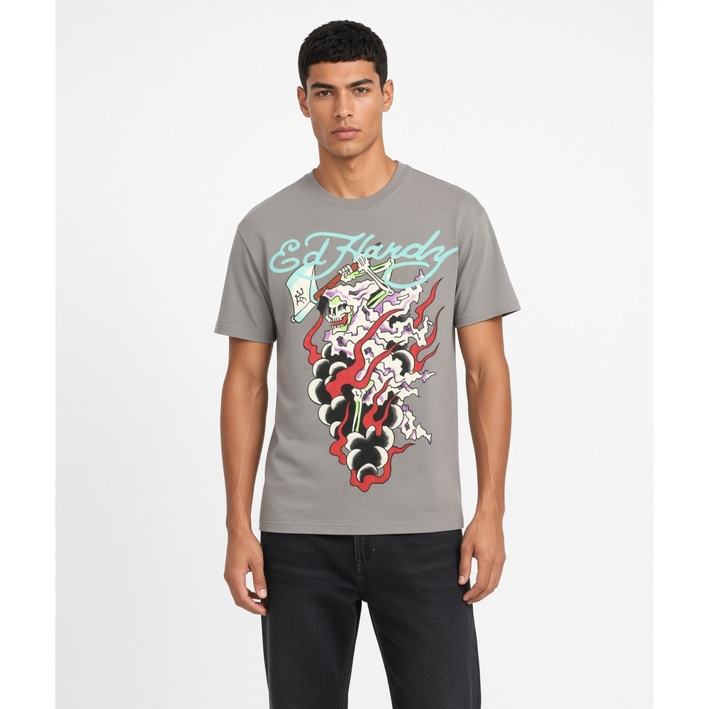 Ed hardy Grim Reaper Gray T Shirt M Graphic Print Tee Crew Neck Short Sleeve